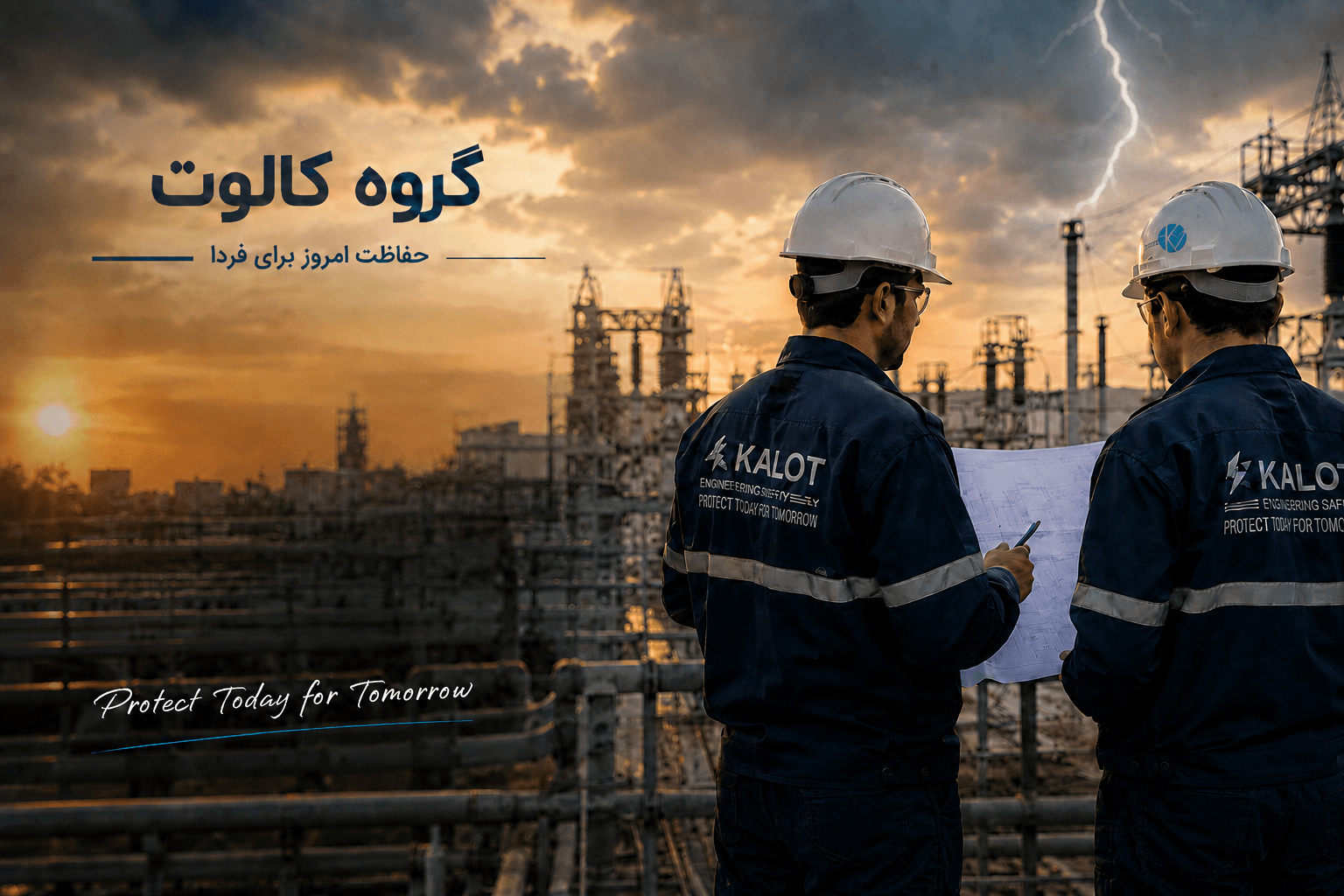 دو مهندس گروه کالوت با یونیفرم برند در حال بازرسی یک سایت پتروشیمی هنگام غروب و رعد و برق در پسزمینه — گروه کالوت، حفاظت امروز برای فردا